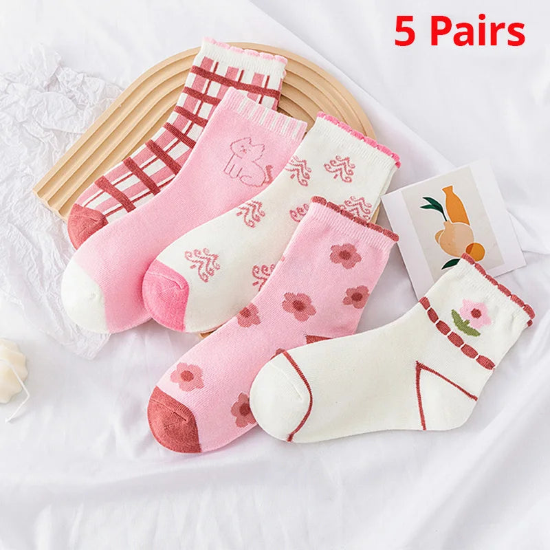 5 Pairs Pink Flower Knit Warm Childrens Socks