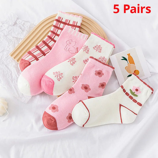 5 Pairs Pink Flower Knit Warm Childrens Socks