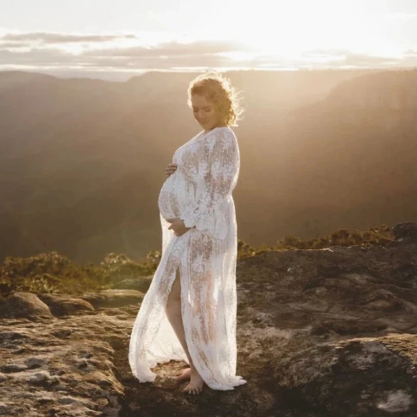 Boho Embroidered Lace Maternity Dress For Photo Session Sides Slit Lace Pregnancy Photography Long Dress