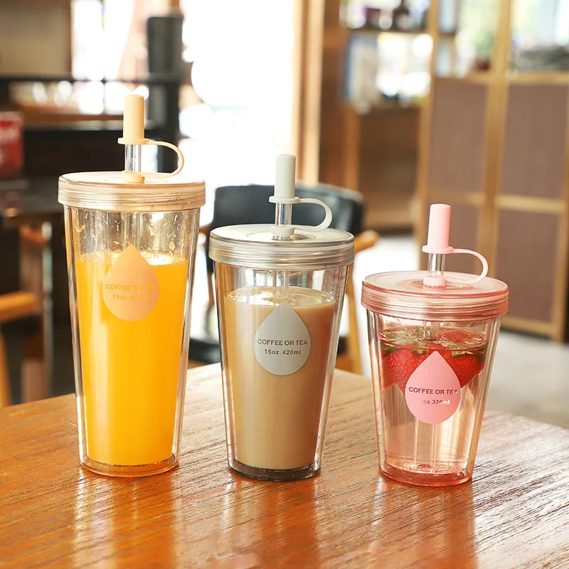 Double Layer Straw Milk Tea Cup