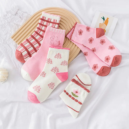 5 Pairs Pink Flower Knit Warm Childrens Socks
